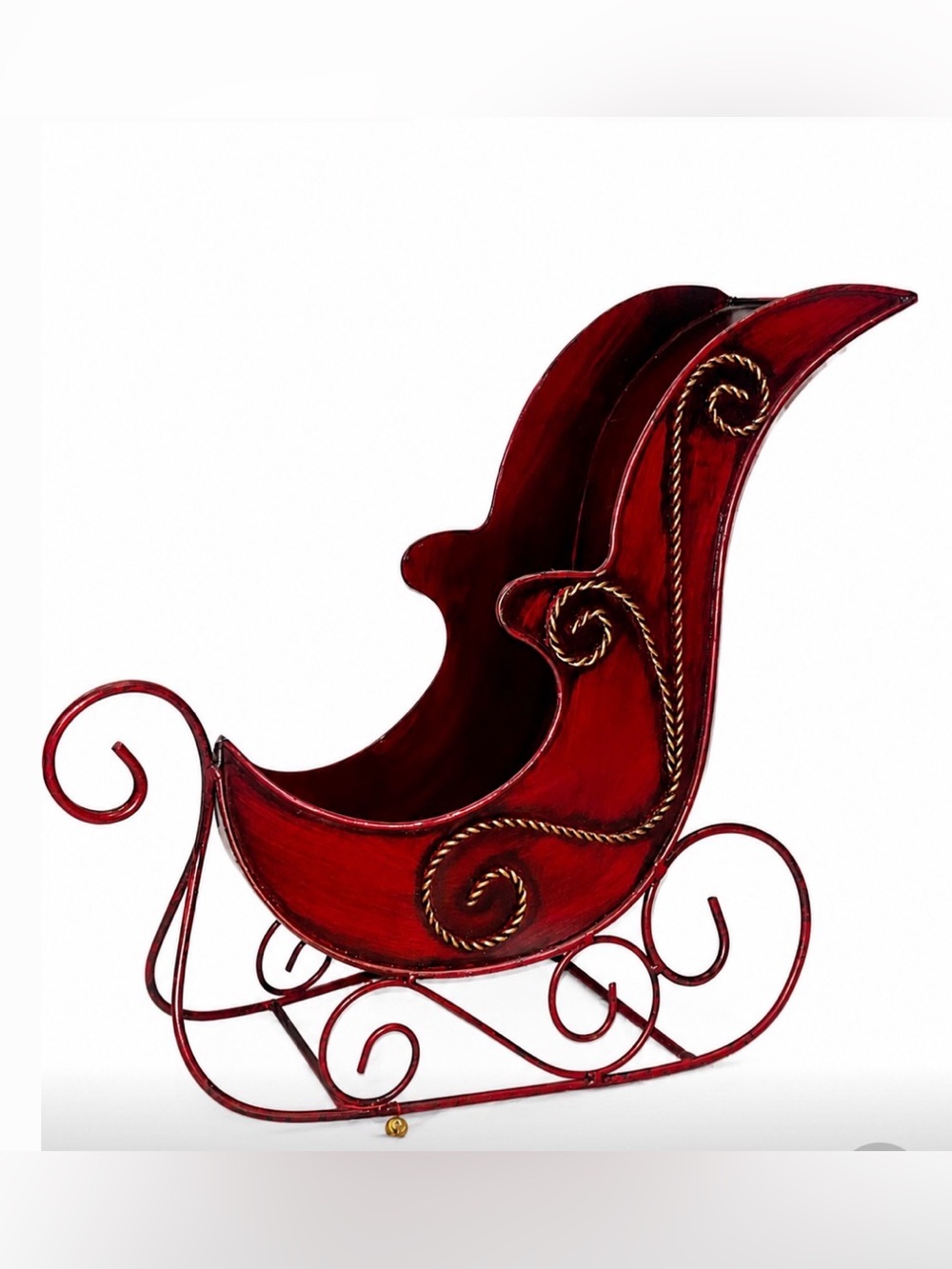 Festive Red Metal Sleigh Décor with Gold Rope Detail